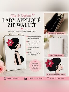 Lady Appliqué Zip Wallet/purse - White with Pink Accent